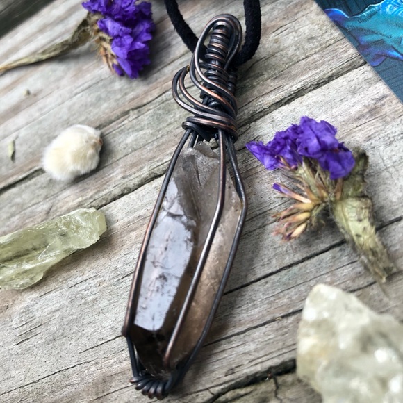 Oxidized Wire Wrapped Smoky Quartz Crystal Point Pendant Necklace - Picture 3 of 13